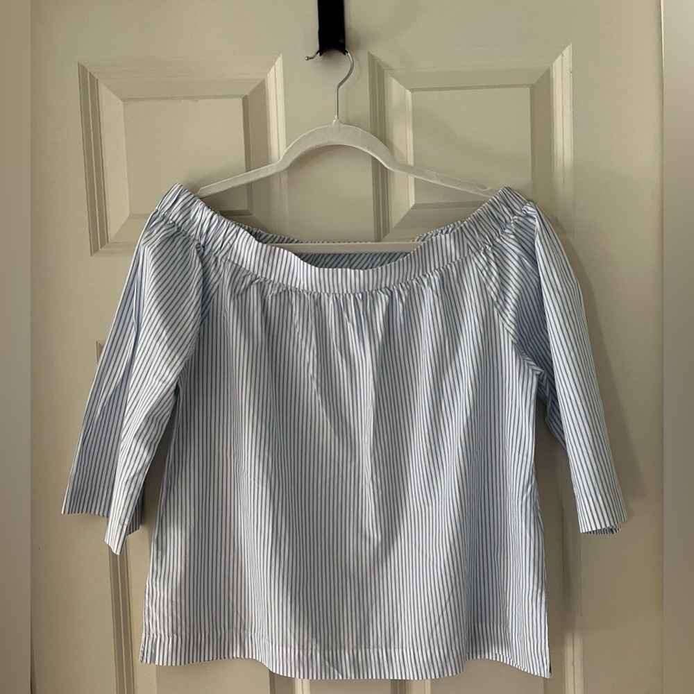 Madewell Clean Off-the-shoulder Top in blue & white Stripes 3/4th sleeves Small
